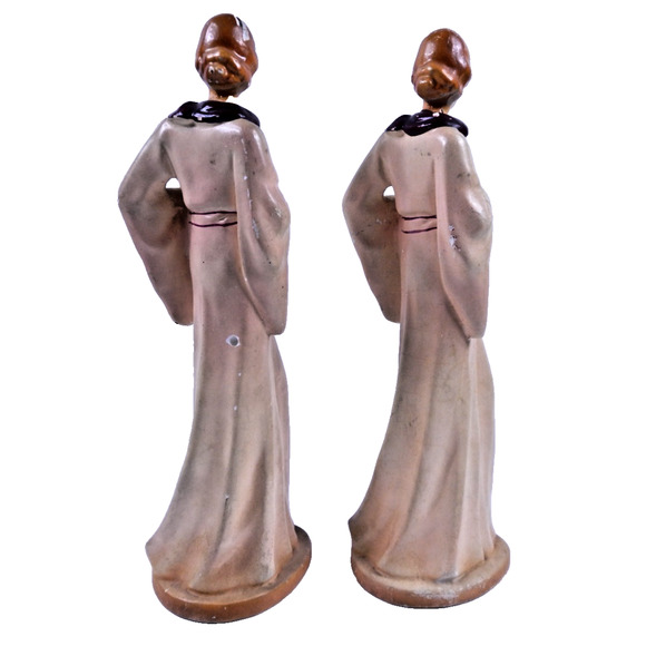 Pair Circa 1920's Elegant Woman in Robe Full Body Chalkware Statue Figurines 12" - Picture 3 of 10